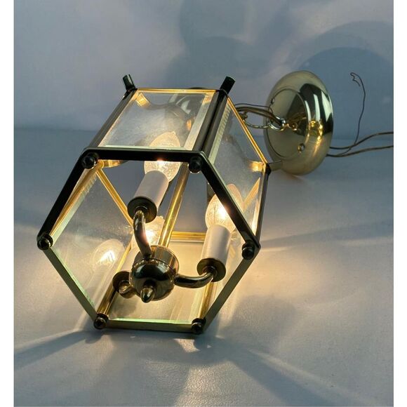 Vintage MCM American Lantern Co Pendant Ceiling Lamp Brass Glass 6 Panel 3 Light - Picture 2 of 12